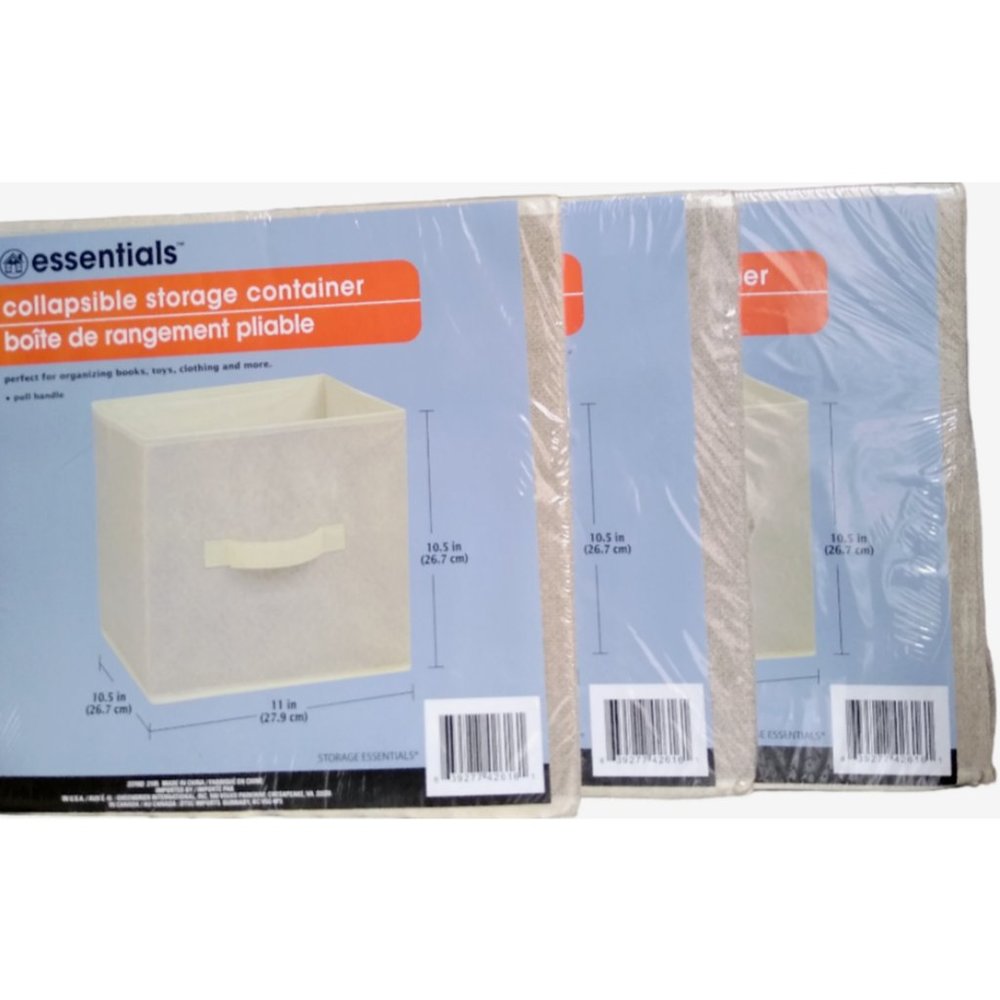 3 Essentials Tan Collapsible Storage Bin Container with Handle, 10.5x11x10.5 in.